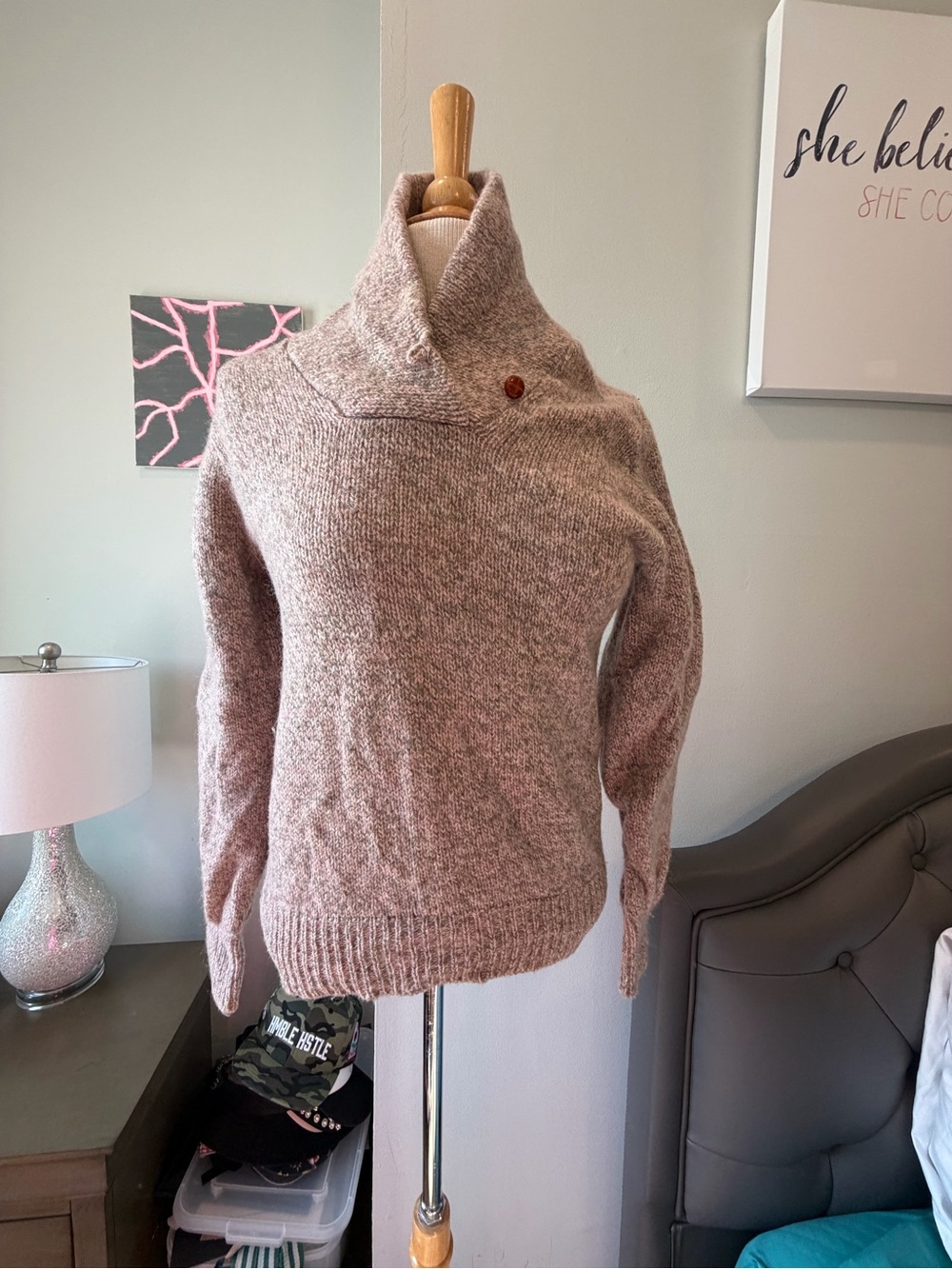 Cozy Blush & Taupe Shawl Neck Women’s Sweater